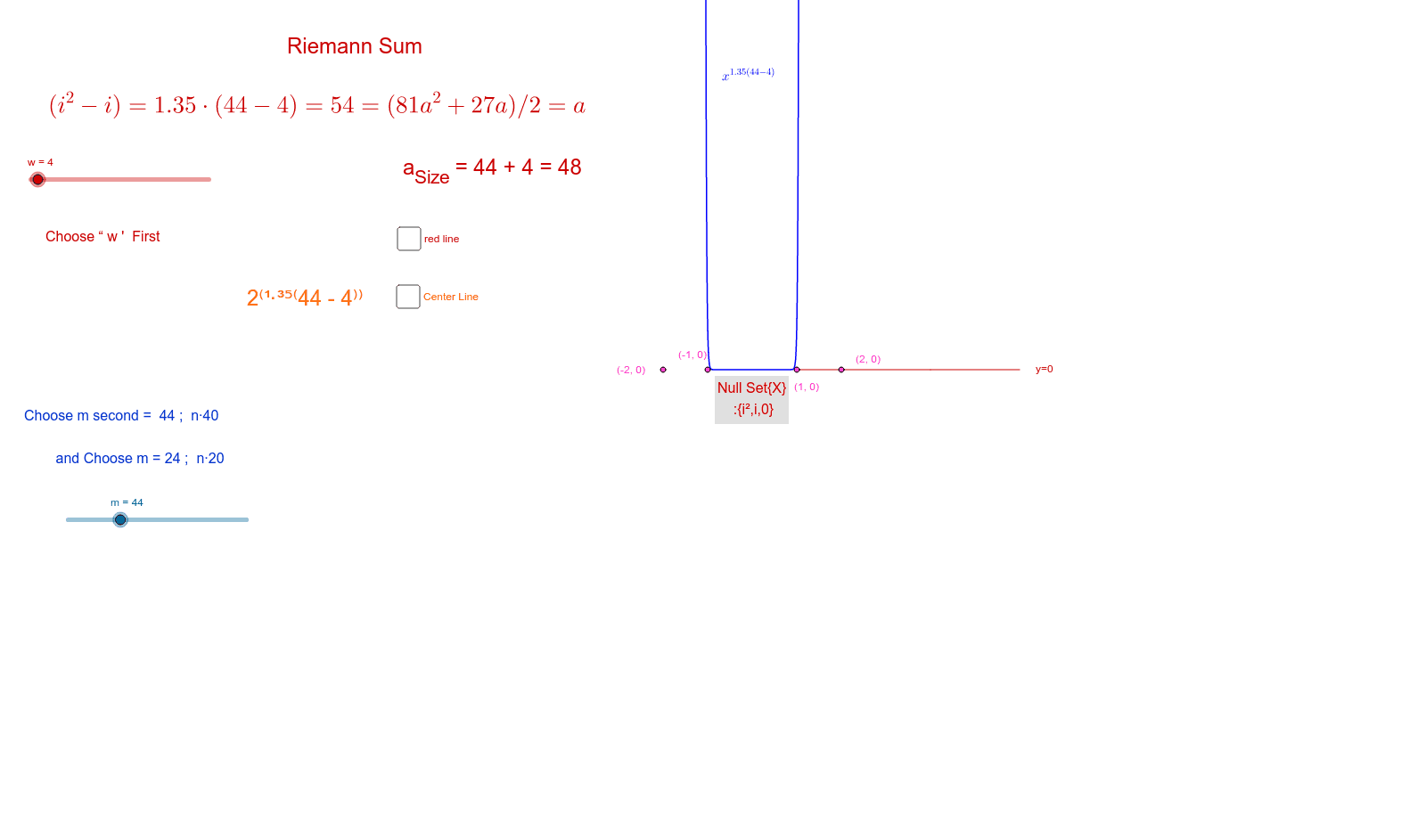 See w = 84 with m = 44 ; Chose w=64 , m = 44 to see hyperbola ; differences of 20