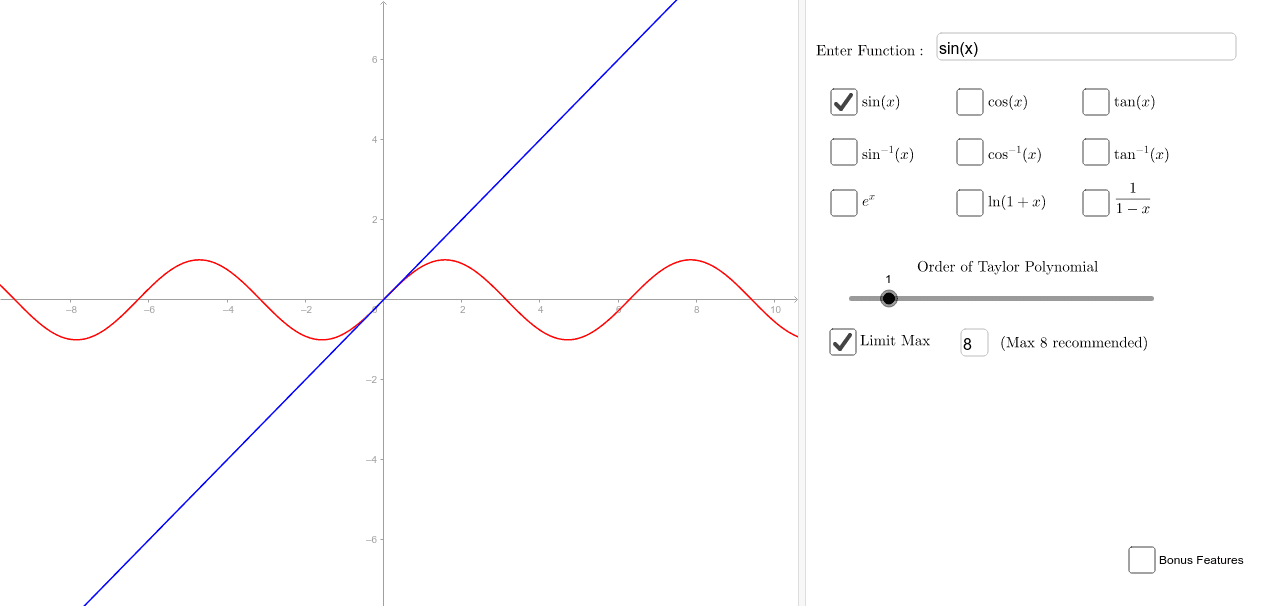 Shows the Taylor series approximation of nine common functions, with the option to define your own. Features an automatic limiter that prevents accidental lag. Bonus features allow starting point to be changed and error calculations.