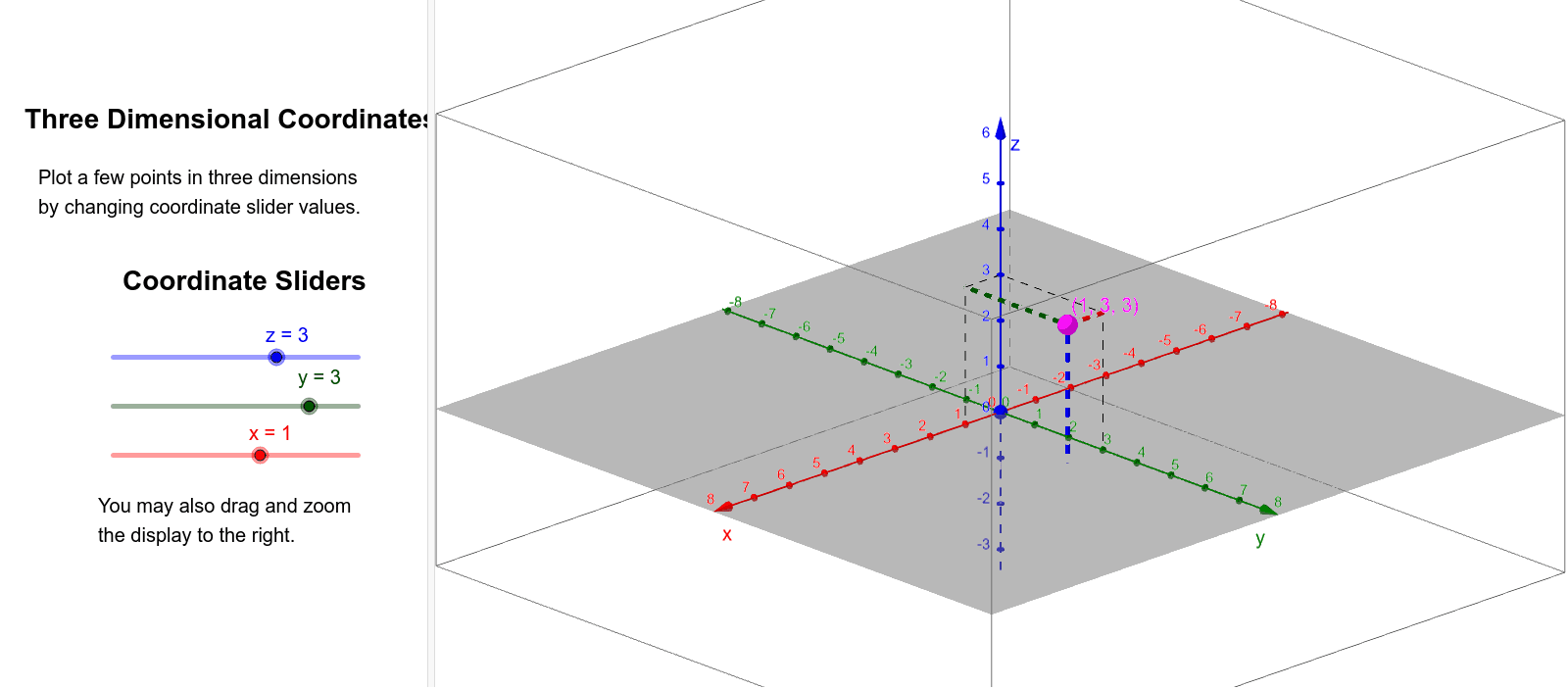 three dimensional coordinate sliders GeoGebra