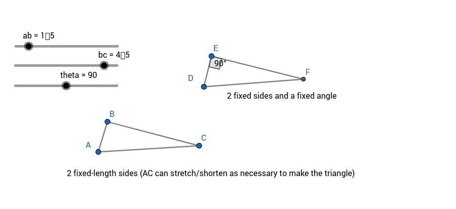 Click and drag the vertices of the triangles around. Notice the difference between how ABC behaves vs. DEF: