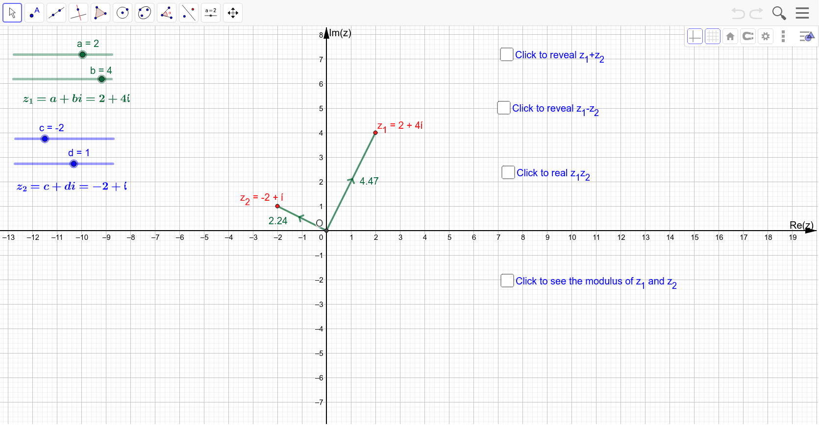 Argand diagram representation of complex numbers. GeoGebra
