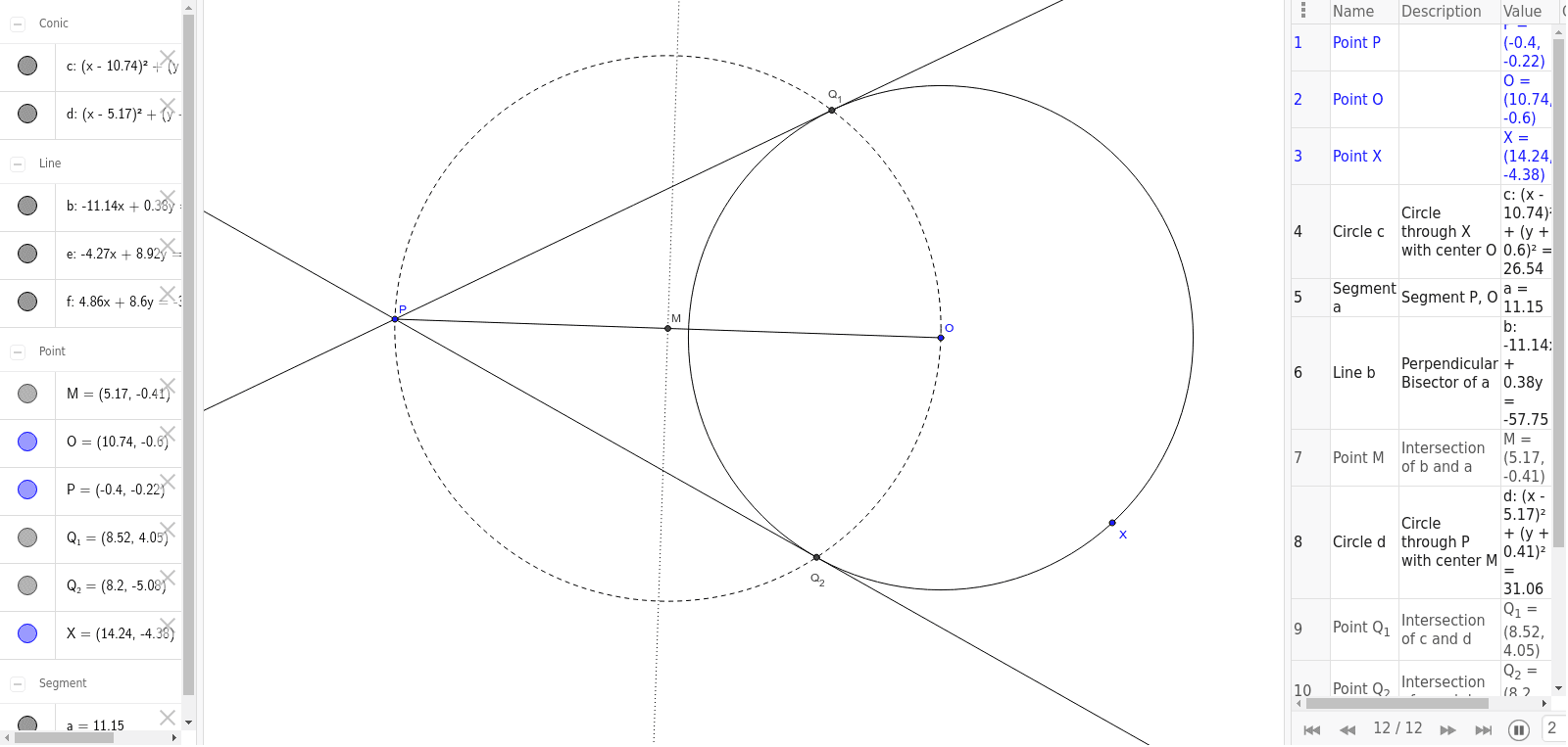 円の外部の点を通る接線の作図 Geogebra