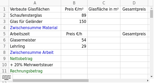 Applet zur Preiskalkulation