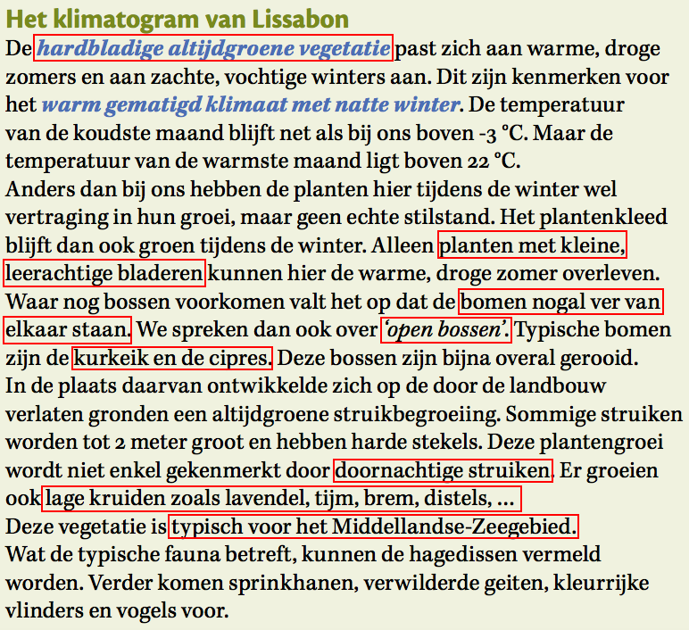 5. We lezen de uitleg over het klimaat van Lissabon in de groene kader en bekijken de foto van de vegetatie.  Wat in het rood omkaderd is, moet je kennen! 