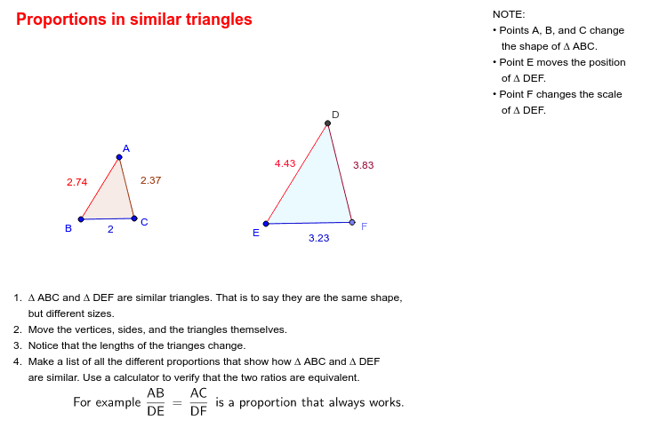 Proportions in similar triangles GeoGebra