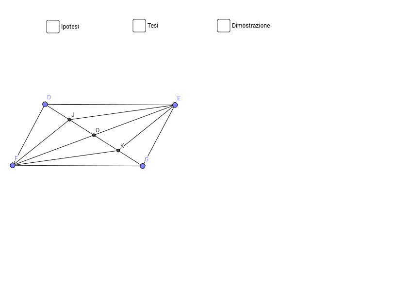 Dimostra che congiungendo 2 punti di una diagonale di un parallelogramma ugualmente distanti dagli estremi con gli estremi dell'altra diagonale si ottiene un parallelogramma. Premi Invio per avviare l'attività