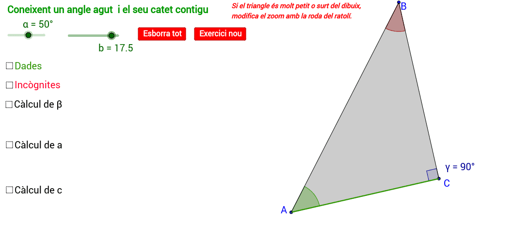 Resolució d'un triangle coneixent un angle agut i el catet contigu a l'angle: