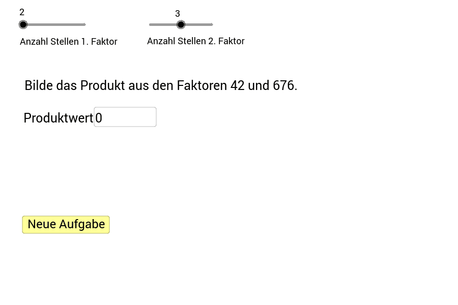 Trage den Wert des Produkts in das Textfeld ein und bestätige die Eingabe mit der Enter-Taste. Die Anzahl der Stellen der Faktoren kannst du mit den Schiebereglern vorwählen.