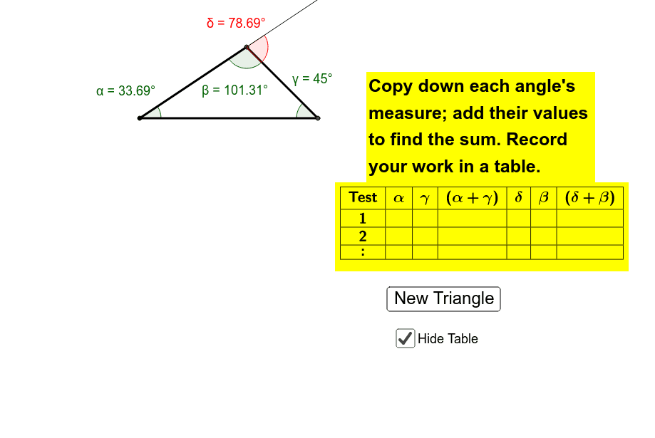Triangle Sum of Remote Interior Angles Exterior Angle GeoGebra