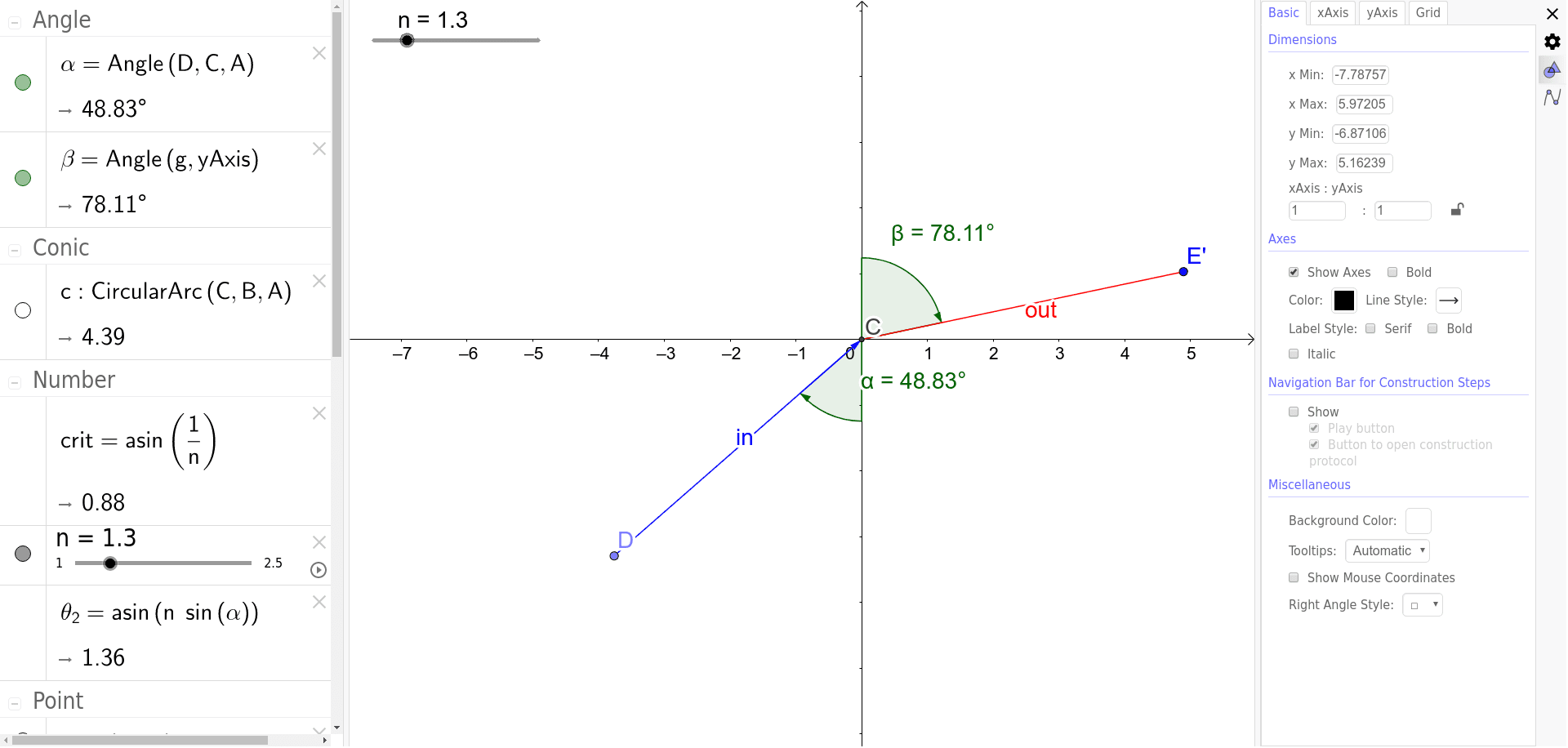 Snells Law and Critical Angle GeoGebra