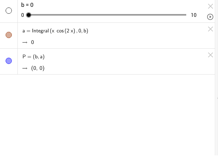 Funzione integrale di y=x*cos(2x). Sposta il cursore 'b' per osservarne la traccia.