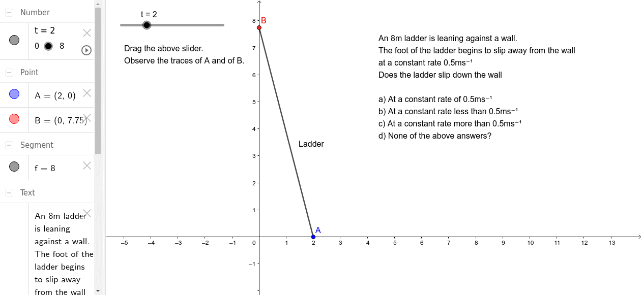 Sliding Ladder Problem GeoGebra