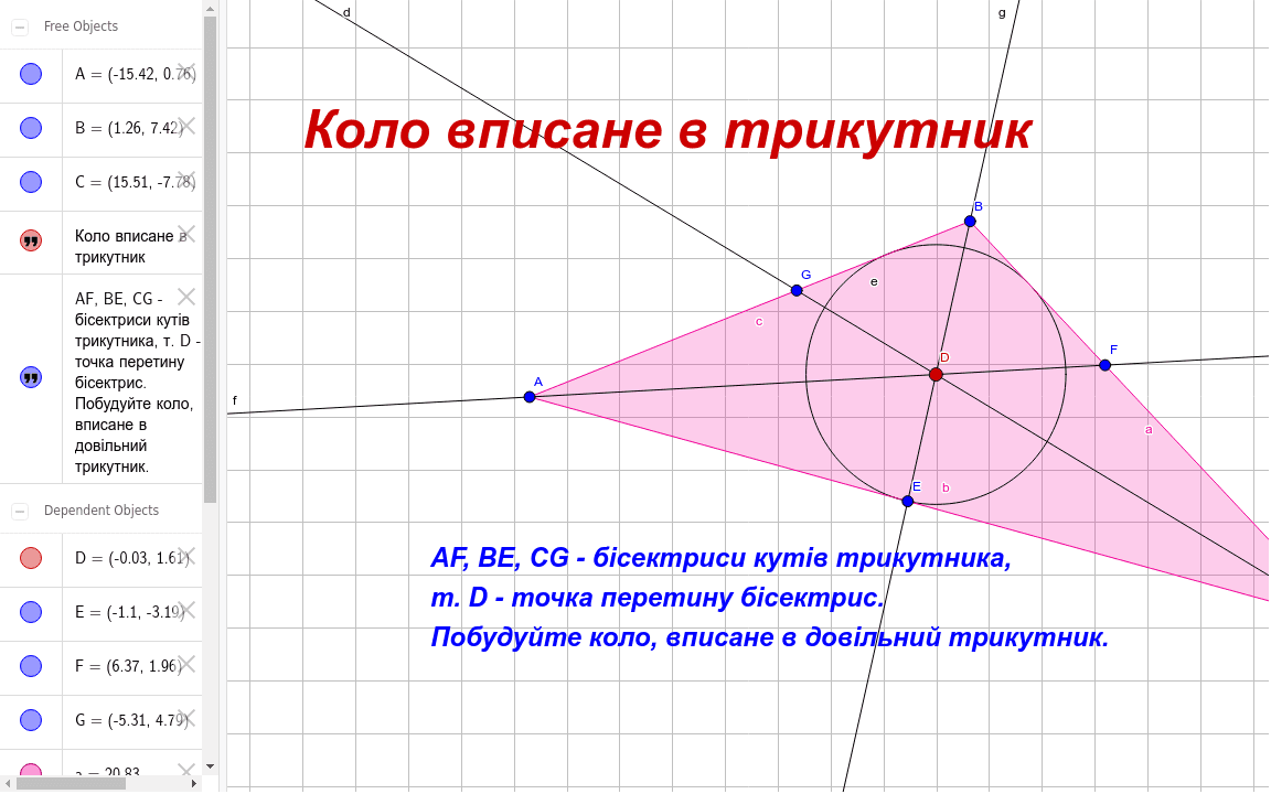 Коло, вписане в довільний трикутник – GeoGebra