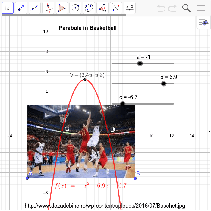 Finding Parabola in basketball - Mihai B (RO) – GeoGebra