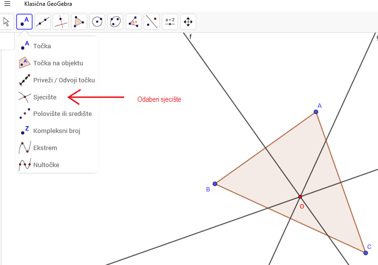 U alatnoj traci odaberite sjecište, kliknite na dvije simetrale i dobit ćete točku O. 