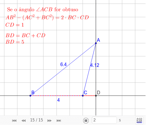 TEOREMA 43. Se as medidas dos três lados de um triângulo ∆ABC forem conhecidas e dado o ponto D de intersecção da reta perpendicular à reta BC passando pelo ponto A, então as medidas dos segmentos BD e CD podem ser determinadas.