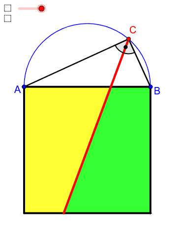 Die Winkelhalbierende des rechten Winkels in einem rechtwinkligen Dreieck teilt das Quadrat über der Hypotenuse in zwei flächeninhaltsgleiche Teilflächen. - Stimmt das (immer)? Warum?