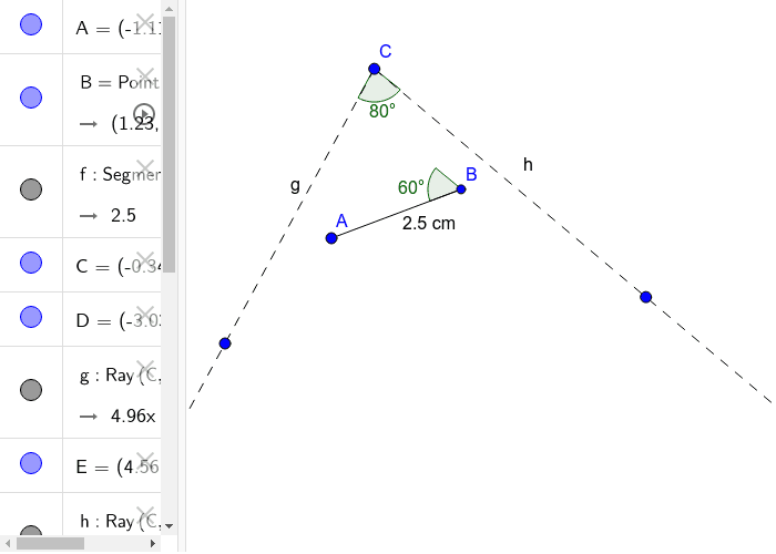 Example #5: Will following the directions below create exactly one triangle (Angle C= 80°, Angle B= 60°, Side AB= 2.5 cm)?