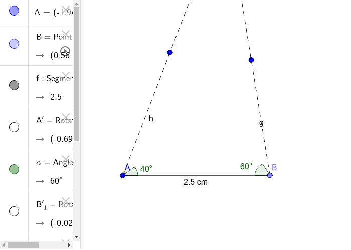 Example #3: Will following the directions below create exactly one triangle (Angle A= 40°, Side AB= 2.5 cm, Angle B= 60°)?