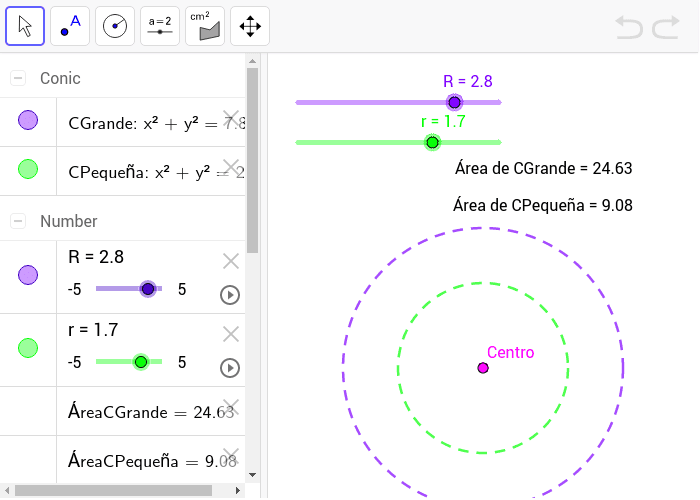 Obtener dos circunferencias concéntricas cuyo centro sea el punto (0,0) y cuyos radios sean variables.