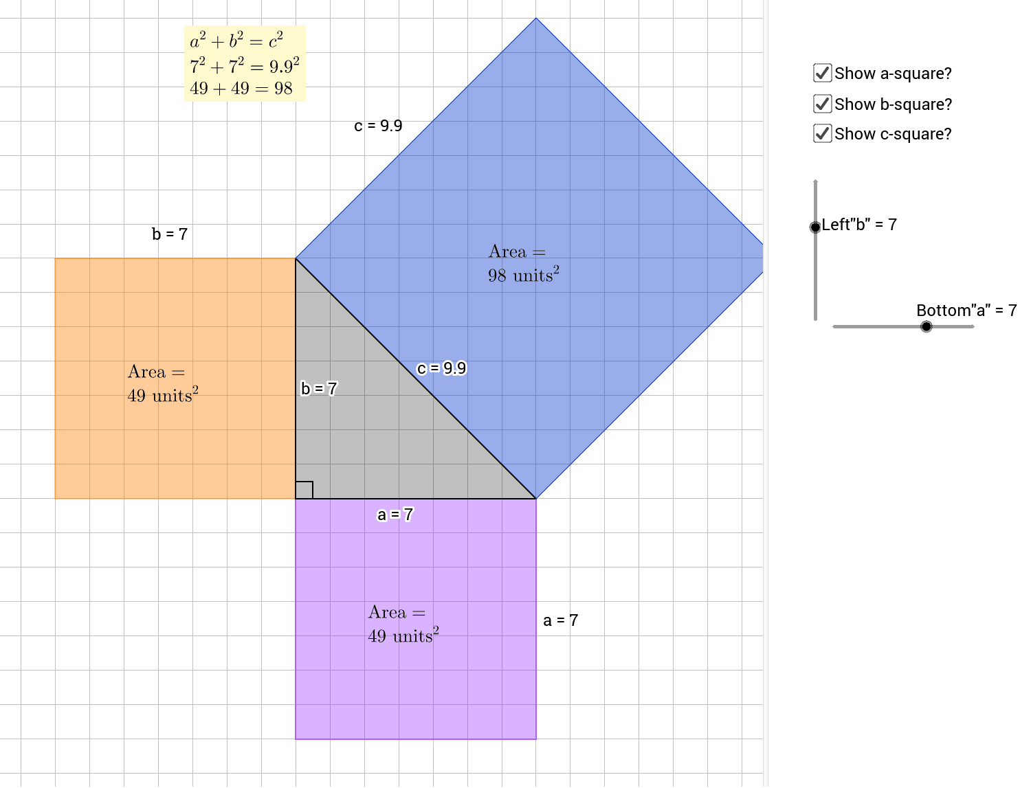 Pythagorean theorem visualized geogebra