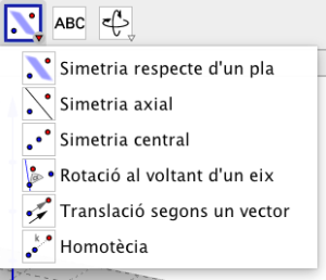 Per a les simetries i les transformacions, GeoGebra ens posa a l'abast 
un conjunt d'eines tant per a la finestra 2D com per a la finestra 3D. 
El seu ús és fàcil i intuïtiu com veurem.