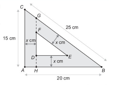 [size=100]Na figura acima podemos observar que DF=GH - GF - DH.
Das letras b e c anteriores temos GH=[math]\frac{3}{4}\left(20-x\right)[/math], GF=[math]\frac{5}{4}x[/math] e da figura temos DH=[math]x[/math].
Logo DF=GH - GF - DH=[math]\frac{3}{4}\left(20-x\right)[/math] - [math]\frac{5}{4}x[/math] -[math]x[/math]=[math]15-3x[/math].
 Da semelhança dos triângulos ABC e DEF
 tiramos [math]\frac{DE}{20}=\frac{DF}{15}=\frac{15-3x}{15}[/math], assim DE=[math]\frac{4}{3}\left(15-x\right)[/math]. A área de DEF portanto, equivale a A(x)=[math]\frac{DF.DE}{2}[/math]=[math]\frac{2}{3}\left(15-3x\right)\text{²}[/math]. A figura a baixo mostra o gráfico dessa função para [math]0\le x\le5[/math].[/size]