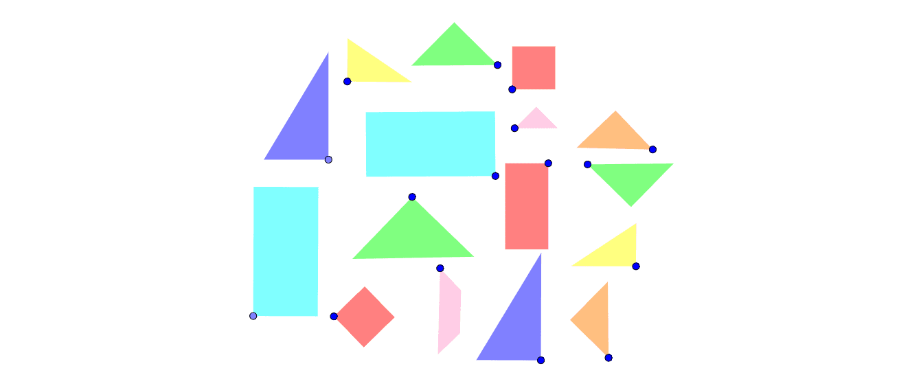 Avec les pièces à disposition, construis 7 formes géométriques (carré, rectangle ou triangle). Tu peux déplacer et tourner les pièces. Les pièces avec les mêmes couleurs vont ensemble.