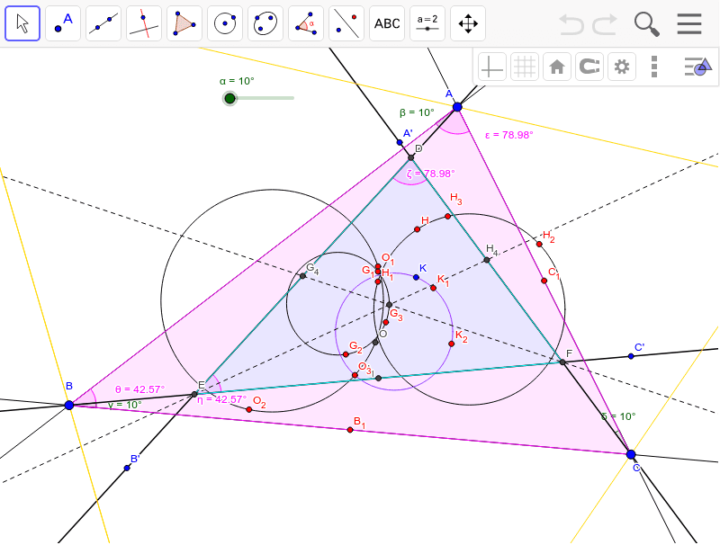 ａｂｃの相似三角形の重心と外心と垂心と擬似重心の軌跡は一点で交わる Geogebra