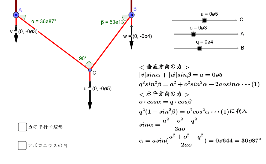 力の平行四辺形の角度の求め方 Geogebra