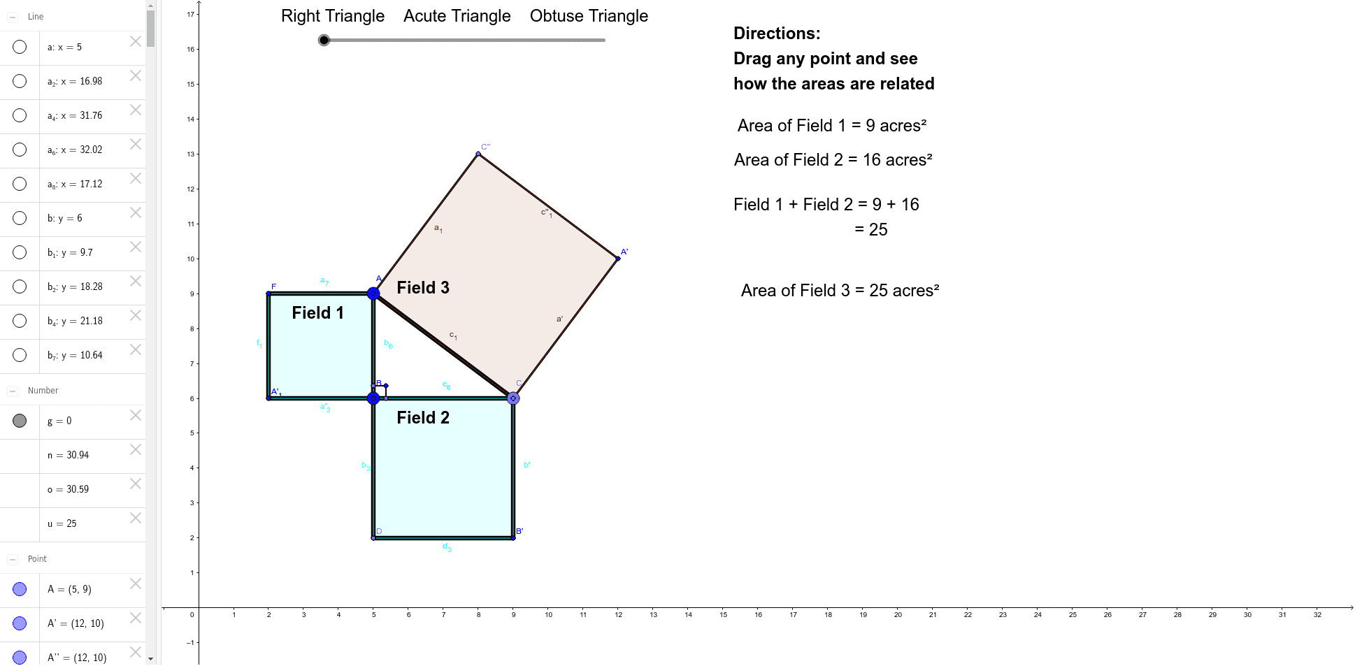 Pythagorean Theorem - Right vs Acute vs Obtuse Triangles – GeoGebra