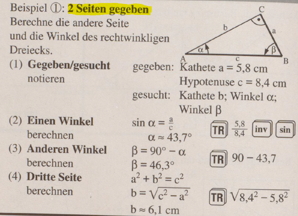 Zur Hilfe ist hier ein Beispiel wie man bei 2 gegebenen Seiten berechnen kann.