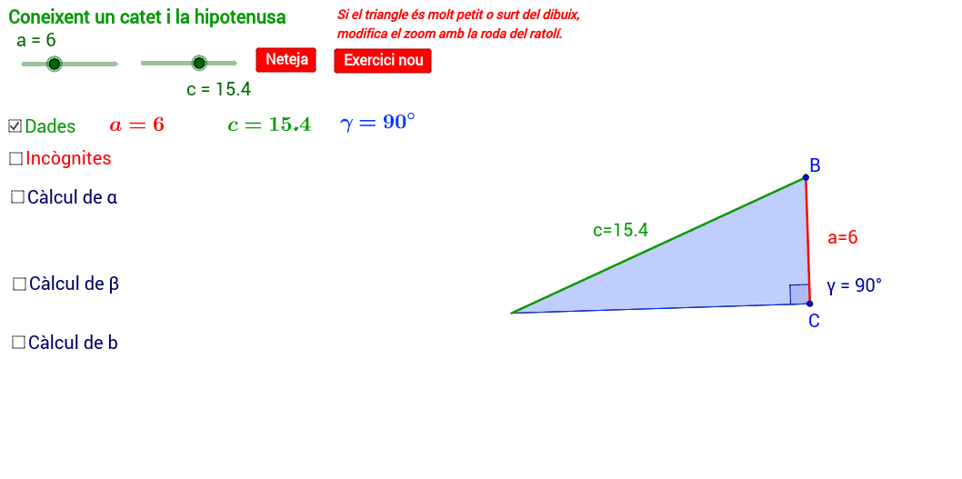 Resolució d'un triangle coneixent un catet i la hipotenusa.