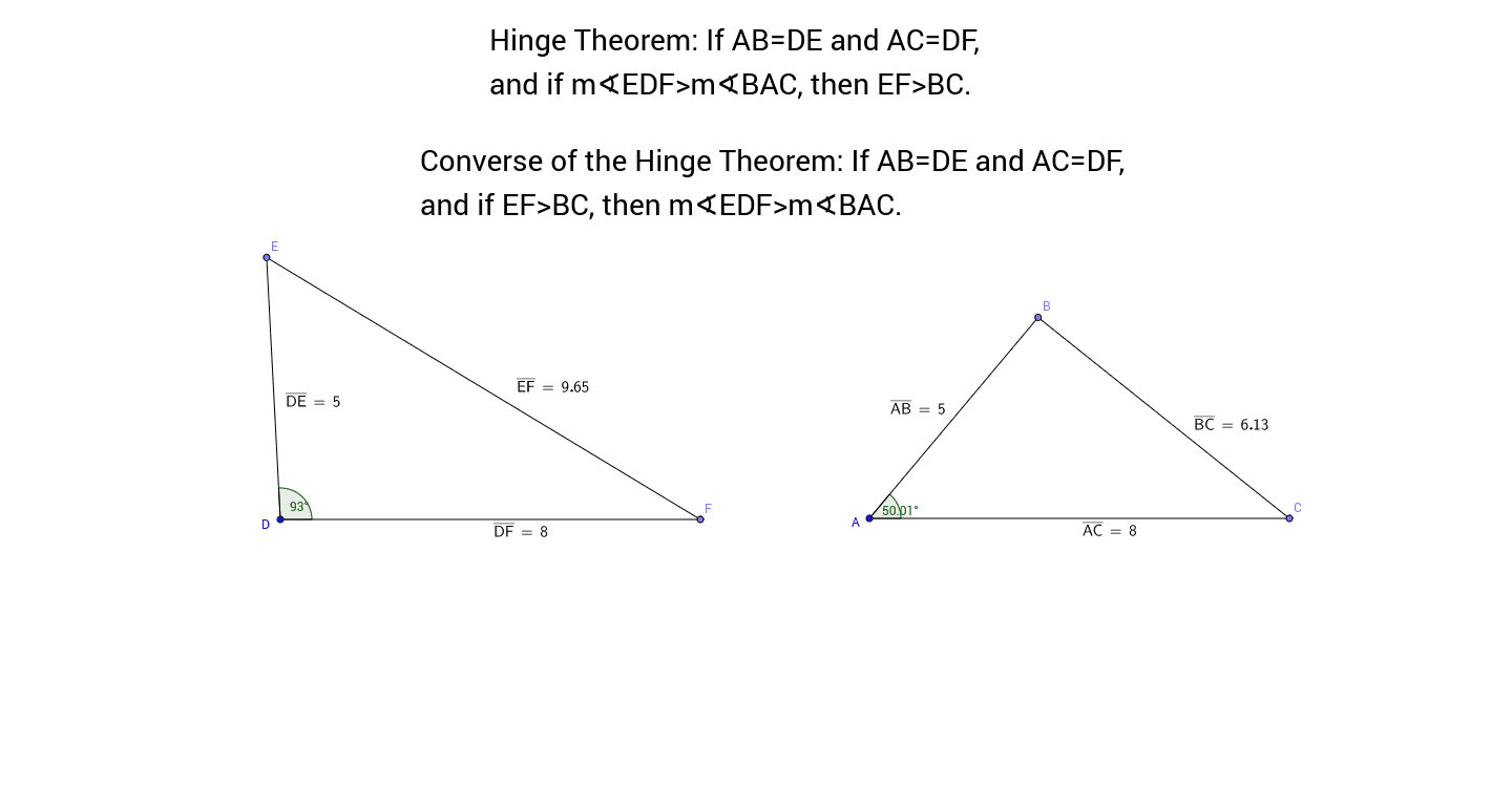 The hinge theorem and its converse geogebra