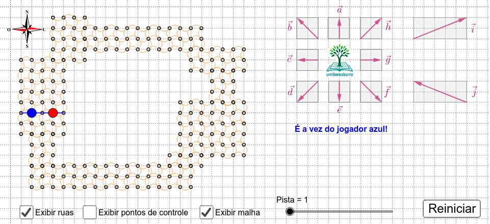 Para jogar, clique nos vetores para fazer seu carro se deslocar segundo o vetor correspondente. Os jogadores se alternam em cada jogada. Se o carro sair do mapa da cidade, o jogador perde.