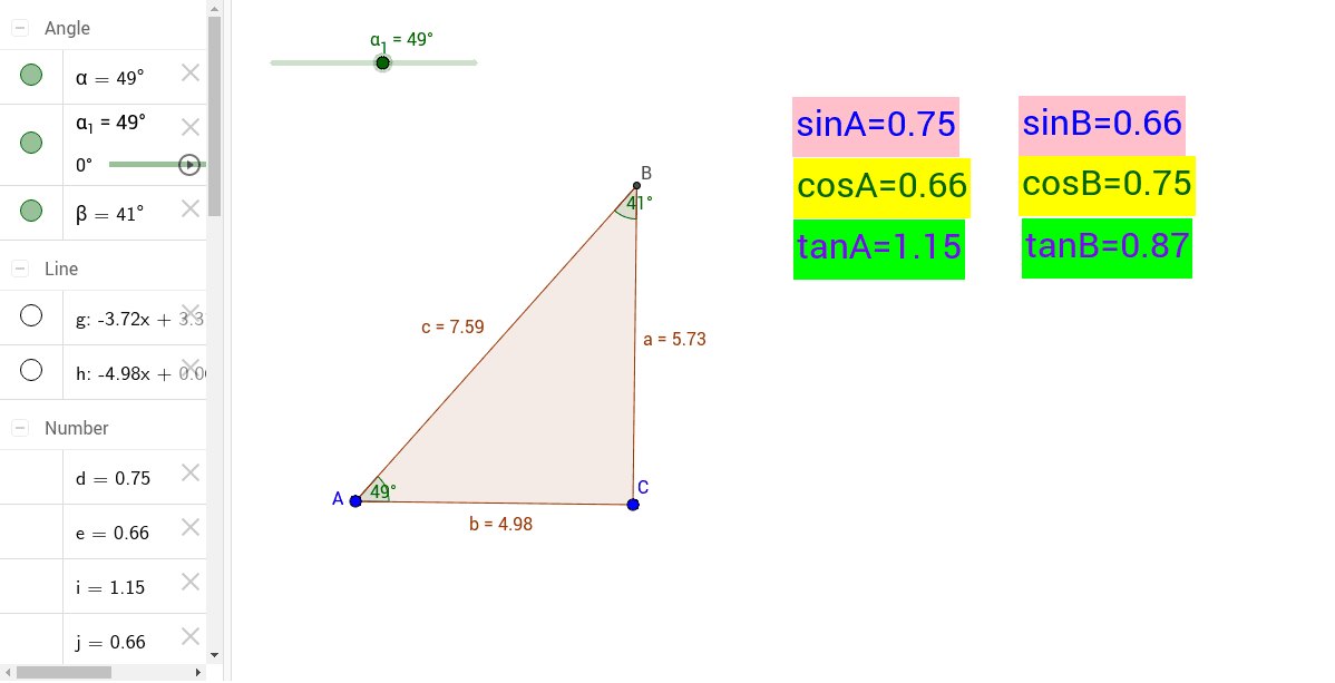 Move the slider to change angle A in the triangle.