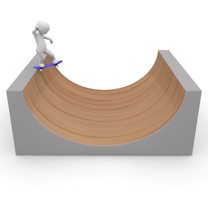 [url=https://pixabay.com/en/skateboard-drive-halfpipe-skating-1013963/]"Half Pipe"[/url] by pixabay is in the [url=http://creativecommons.org/publicdomain/zero/1.0/]Public Domain, CC0[/url]

Friction makes the magnitude of the acceleration going up a ramp larger than it is going down a ramp.  This steals a bit of the fun.