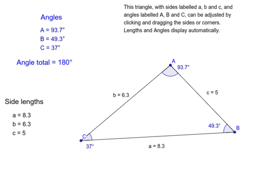 Basic Triangle With Adjustable Side Lengths And Angles Geogebra Basic Triangle With Adjustable Side Lengths And Angles Geogebra