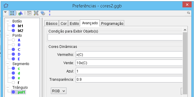 Para que a cor mude de forma dinâmica, vincula-se cada um dos parâmetros R, G ou B a uma coordenada do ponto em movimento.  