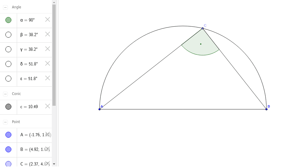Versuche durch Einblenden weiterer Elemente bei GEOGEBRA zu begründen, warum bei C ein rechter Winkel vorliegt.