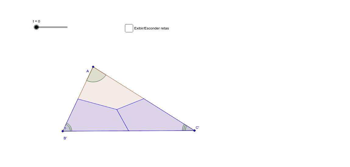 Ângulos internos do triângulo (fonte: https://www.geogebra.org/luisclaudio) Pressione Enter para iniciar a atividade