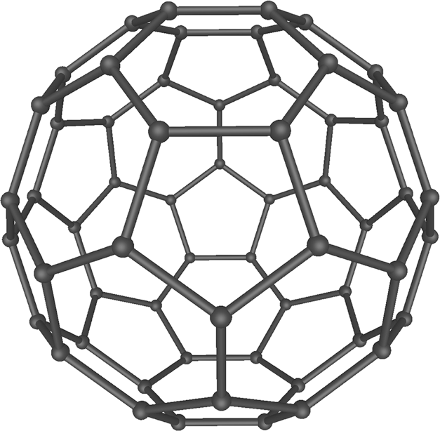 By Mstroeck - C60a.png, CC BY-SA 3.0, https://commons.wikimedia.org/w/index.php?curid=12123974
The structure of C-60 is seen above. Each ball is a carbon atom.  The connecting rods just illustrate the positions of the bonds between atoms.  C-60 is often called fullerene, buckminster fullerene, or a buckyball to commemorate the architectural geodesic domes originally designed by Buckminster Fuller which the molecule resembles.  The diameter of the molecule is around 1 nm.