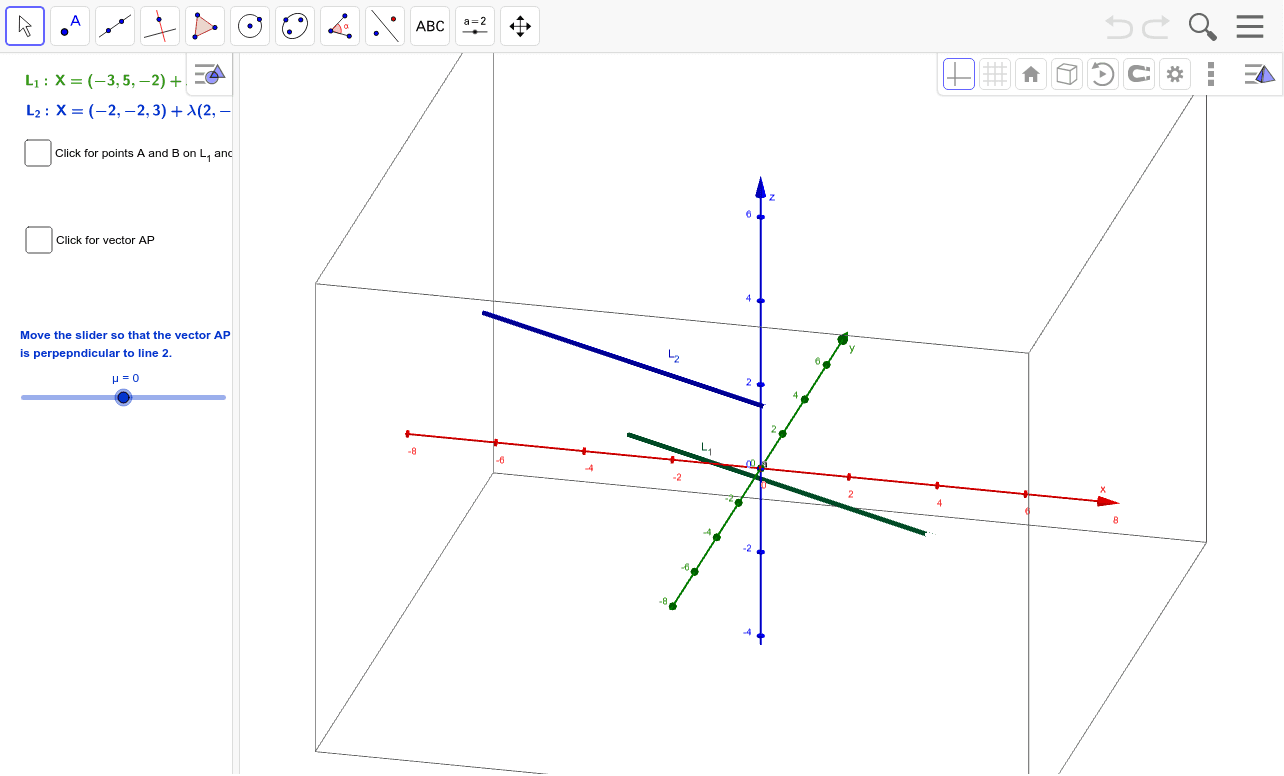The distance between two parallel lines in space geogebra