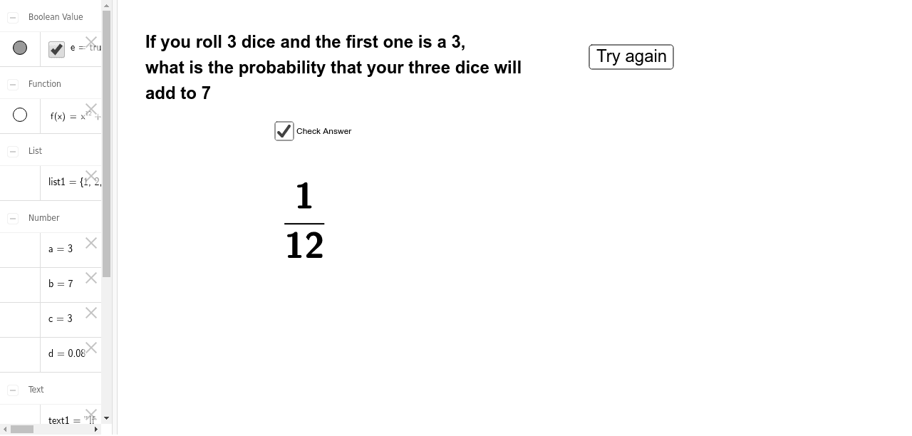 Roll 3 dice question generator GeoGebra