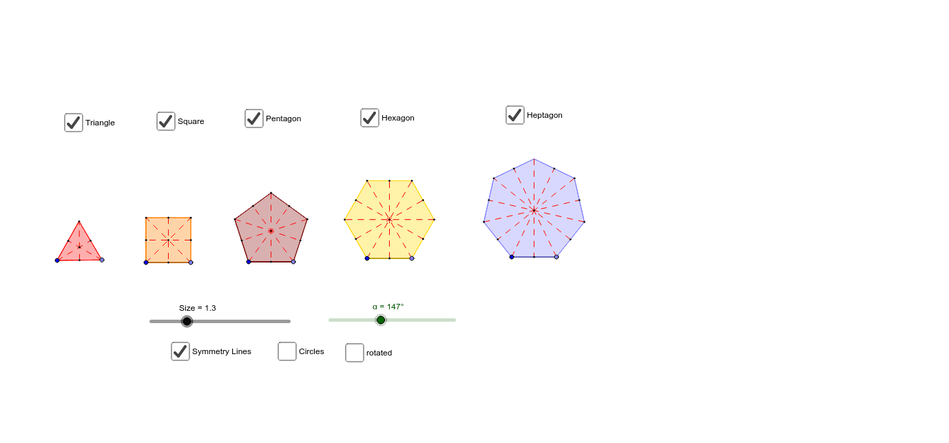 Regular Polygons symmetry lines relations to rotational sym GeoGebra