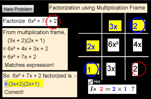 Factorization of Quadratic Expressions Aided by Multiplication Frame ...