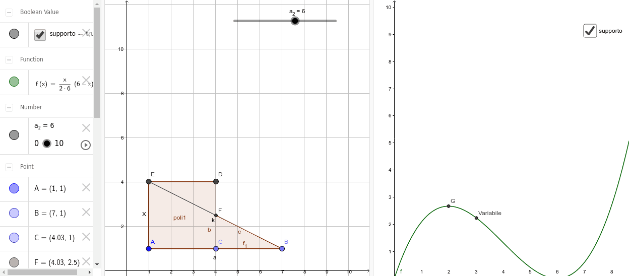 Premere il tasto play per far partire l'animazione e quindi la variazione di x, utilizzare lo slider per variare il valore del lato a