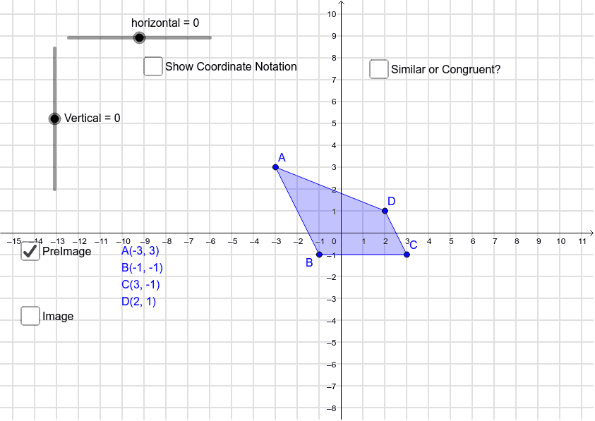 Click on the box to show the image of the figure after a translation. Slide the sliders to translate the figure up, down, right, and left. Is the image similar or congruent?