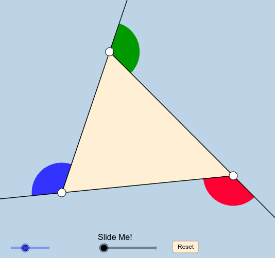 The 3 COLORED ANGLES are said to be the EXTERIOR ANGLES of this triangle.