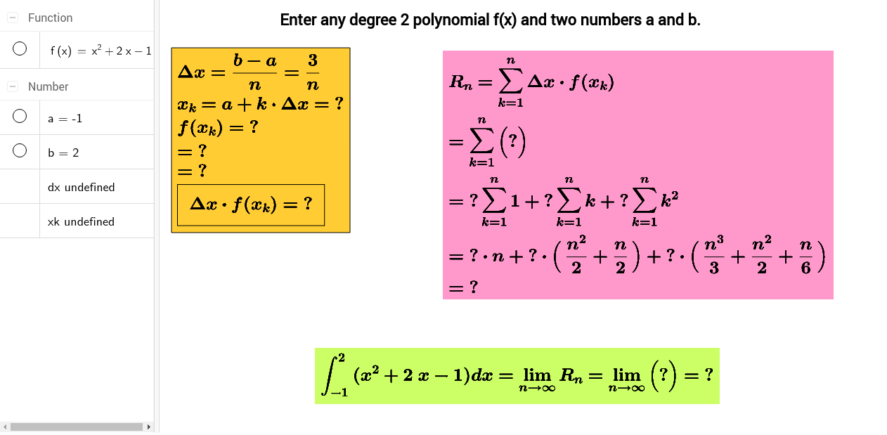 Right endpoint riemann sum for degree two polynomials geogebra